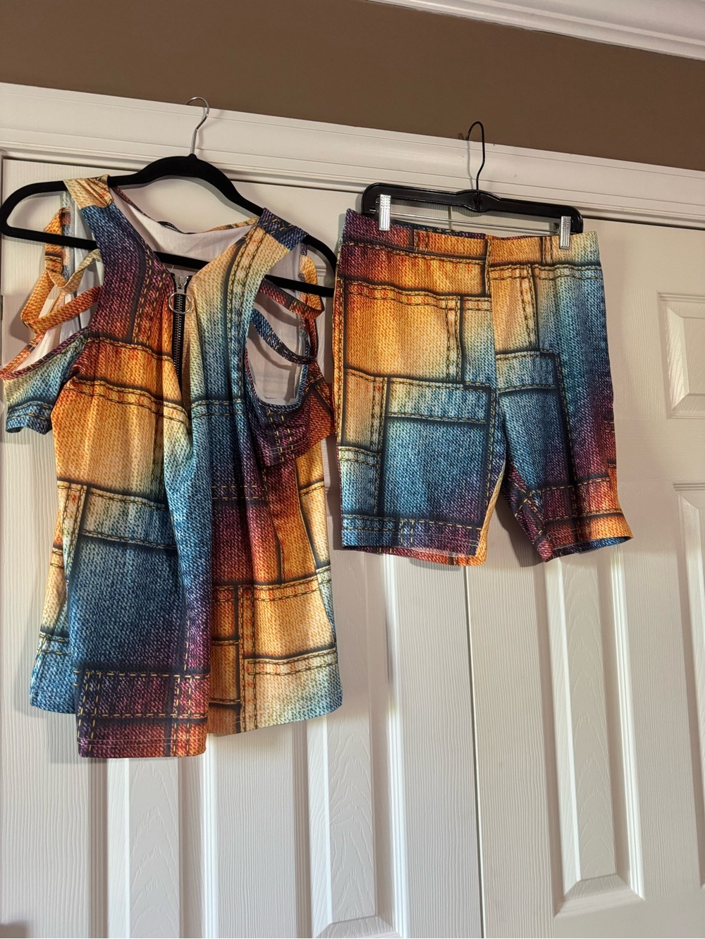 Vibrant Patchwork Print Cold-Shoulder Top with Matching Shorts